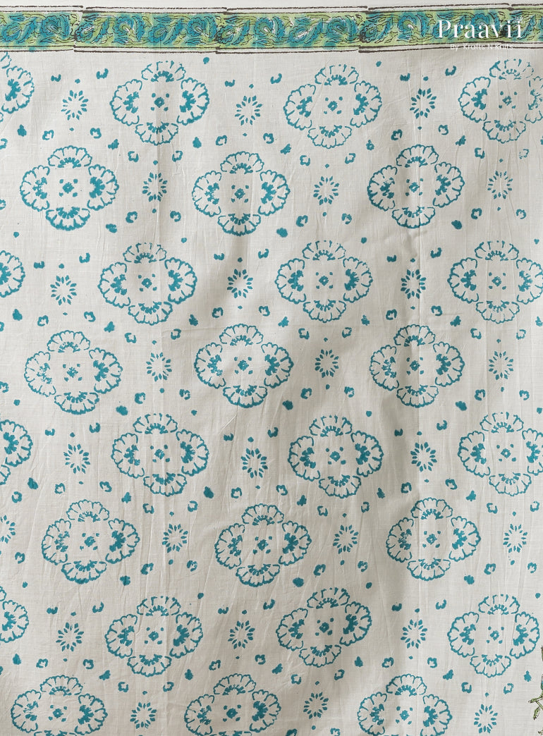 Blue Green Bagru Print Pure Mul Cotton Saree