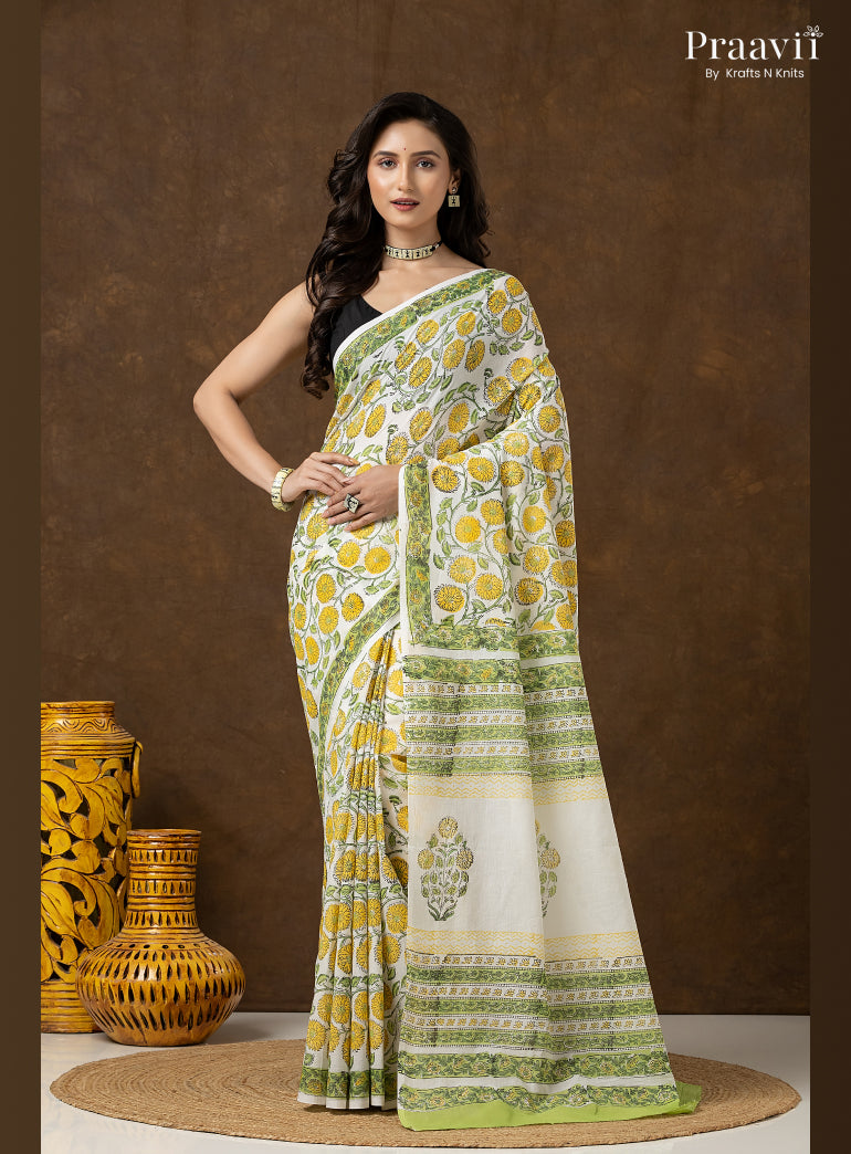 Yellow Green Bagru Print Pure Mul Cotton Saree