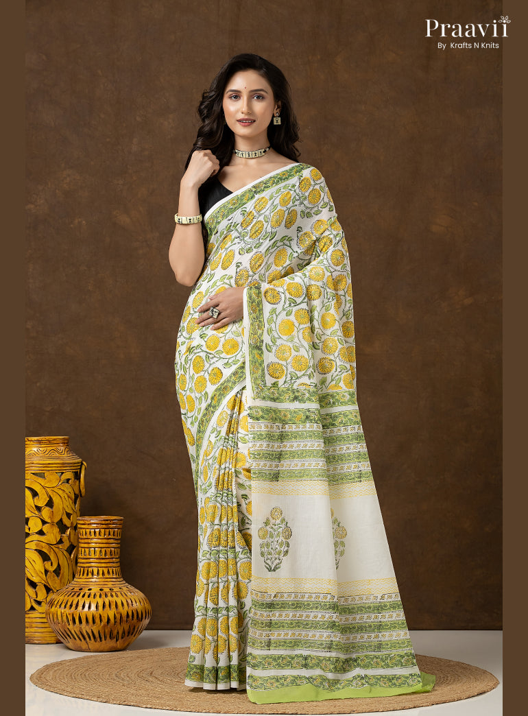 Yellow Green Bagru Print Pure Mul Cotton Saree