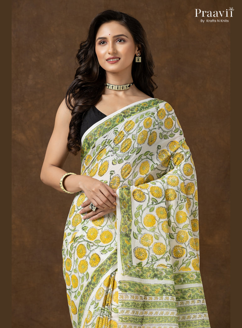 Yellow Green Bagru Print Pure Mul Cotton Saree