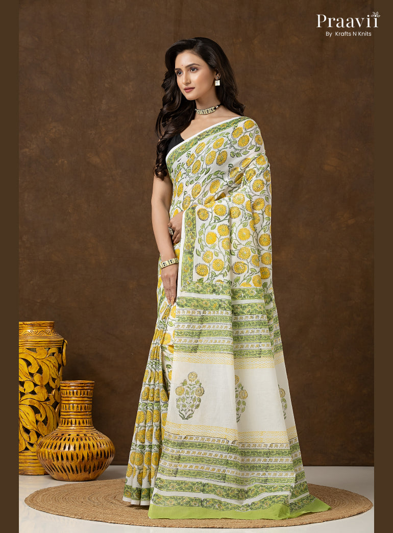 Yellow Green Bagru Print Pure Mul Cotton Saree