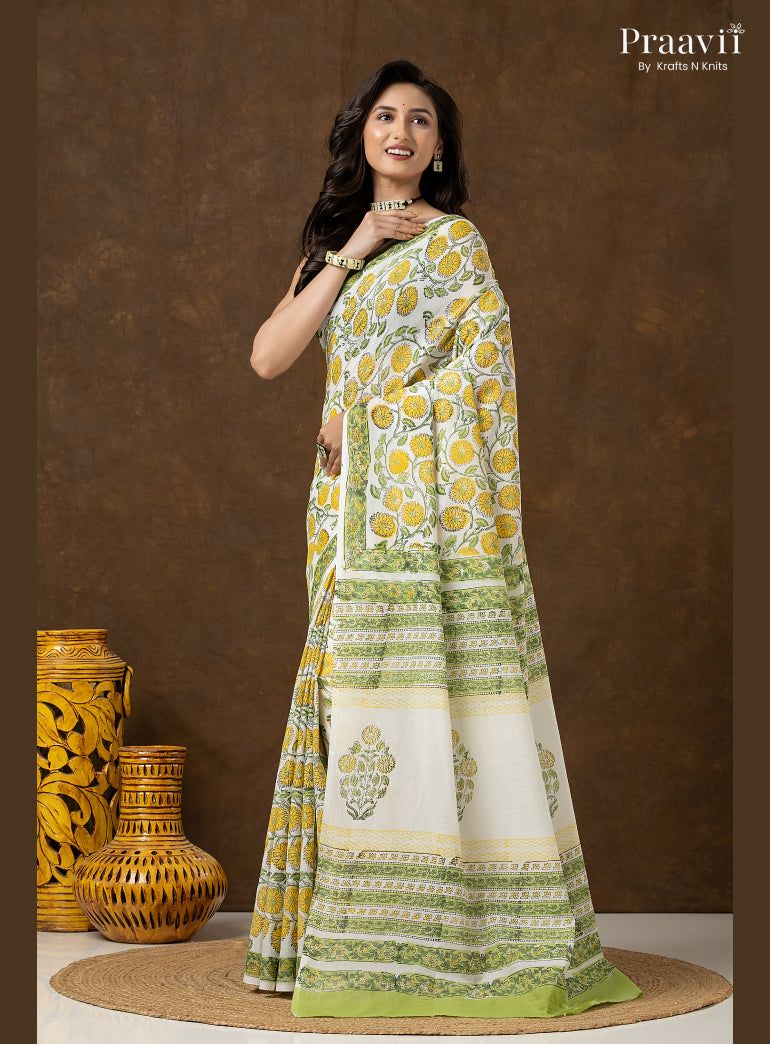 Yellow Green Bagru Print Pure Mul Cotton Saree