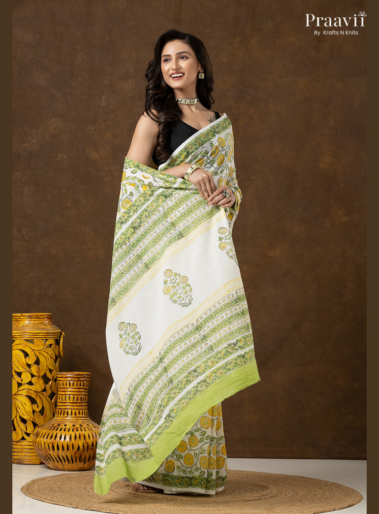 Yellow Green Bagru Print Pure Mul Cotton Saree