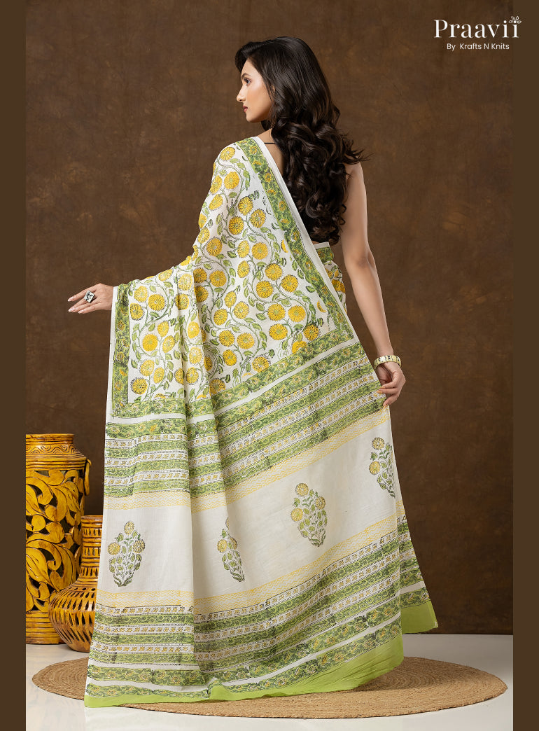 Yellow Green Bagru Print Pure Mul Cotton Saree