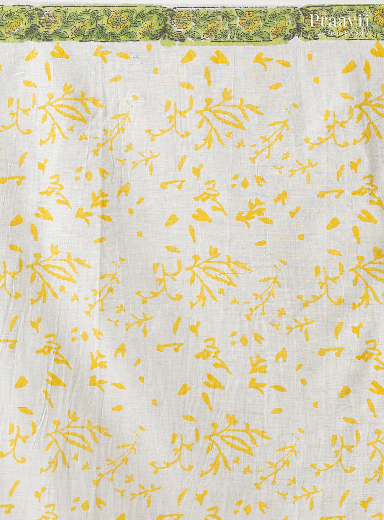 Yellow Green Bagru Print Pure Mul Cotton Saree