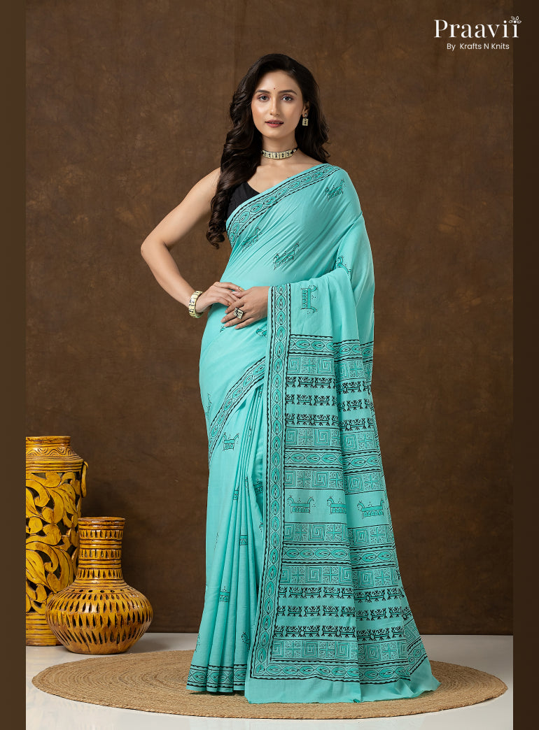 Rama Green Pure Cotton Saree with Hand Block Print