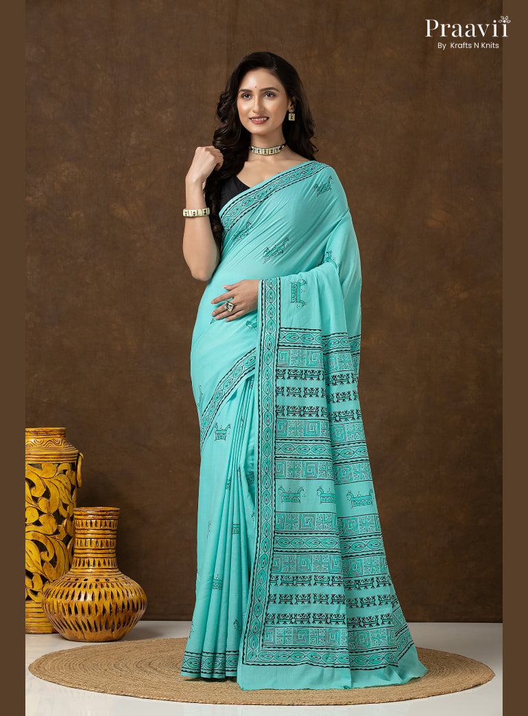 Rama Green Pure Cotton Saree with Hand Block Print