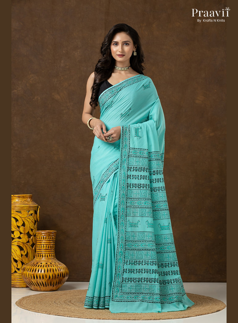 Rama Green Pure Cotton Saree with Hand Block Print