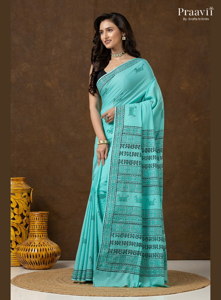 Rama Green Pure Cotton Saree with Hand Block Print