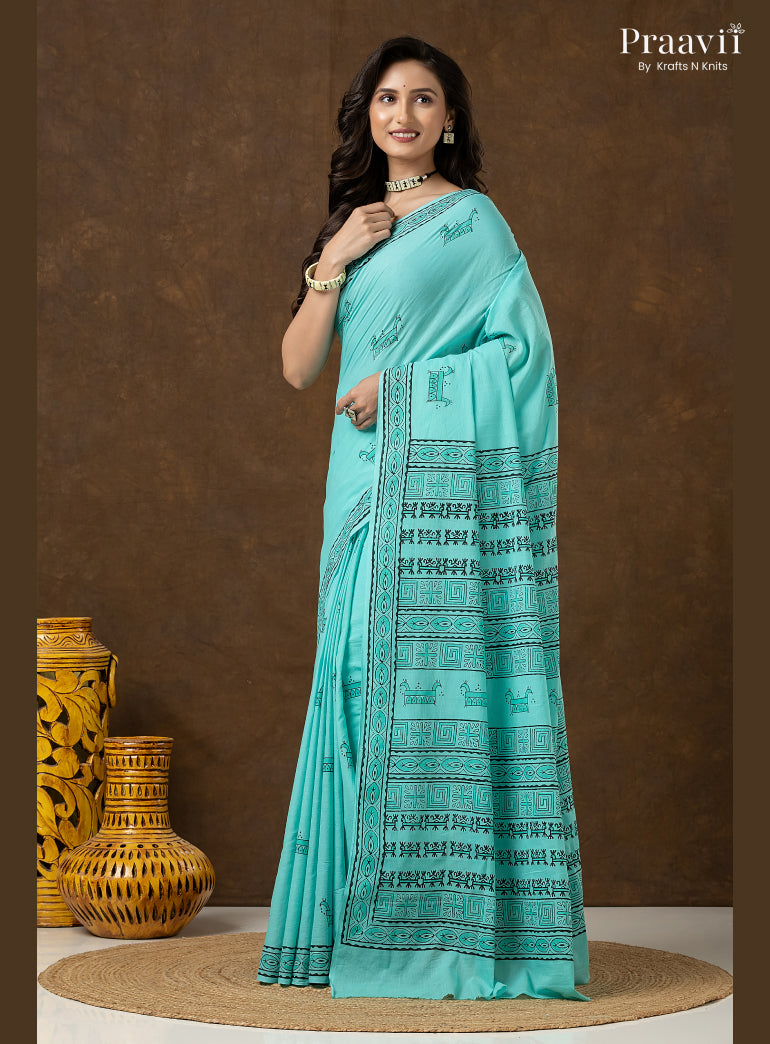 Rama Green Pure Cotton Saree with Hand Block Print