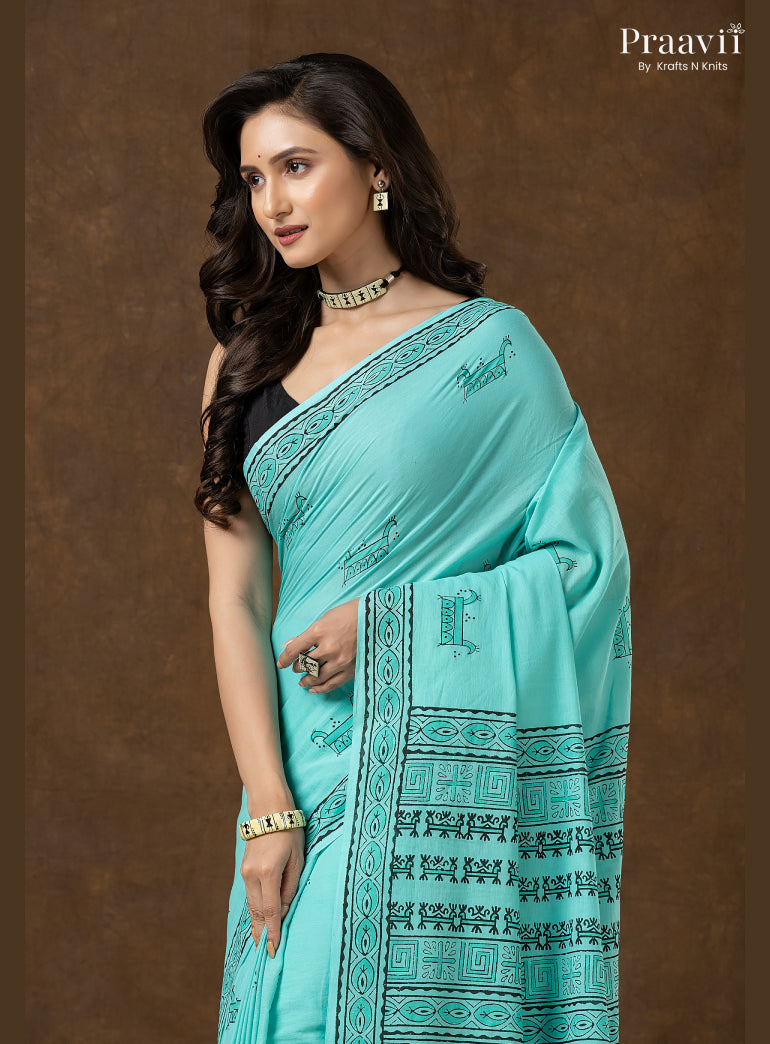 Rama Green Pure Cotton Saree with Hand Block Print