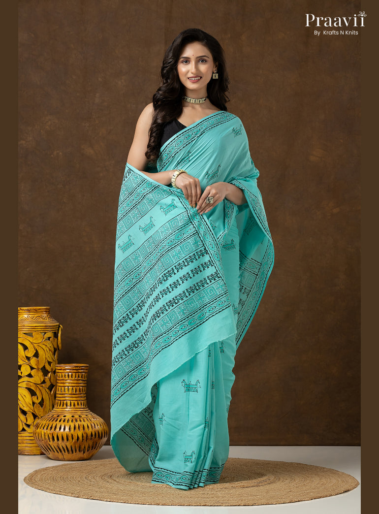 Rama Green Pure Cotton Saree with Hand Block Print