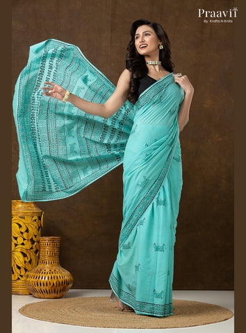 Rama Green Pure Cotton Saree with Hand Block Print