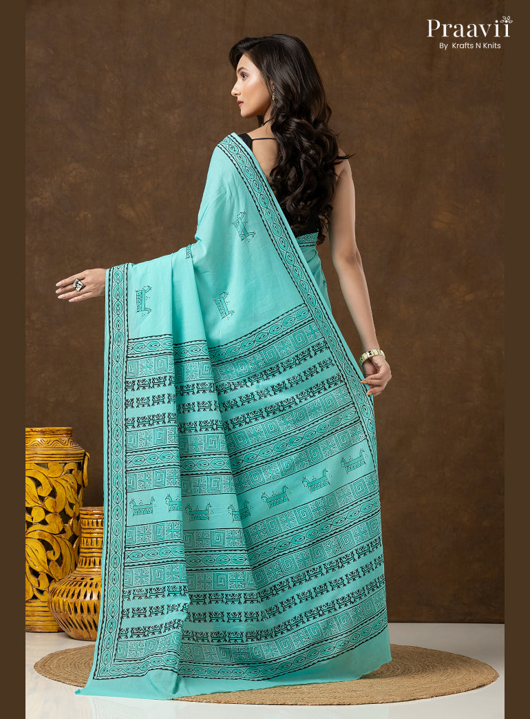 Rama Green Pure Cotton Saree with Hand Block Print