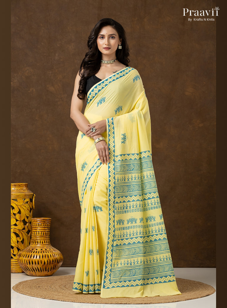 Lemon Yellow Pure Cotton Saree with Hand Block