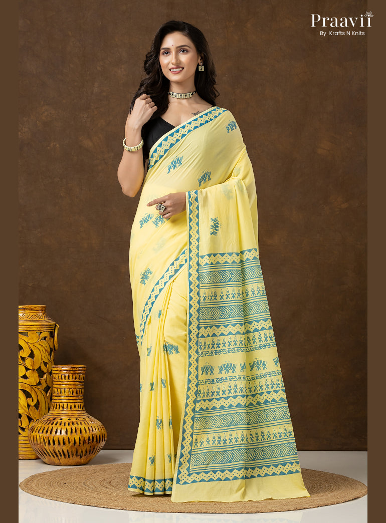 Lemon Yellow Pure Cotton Saree with Hand Block