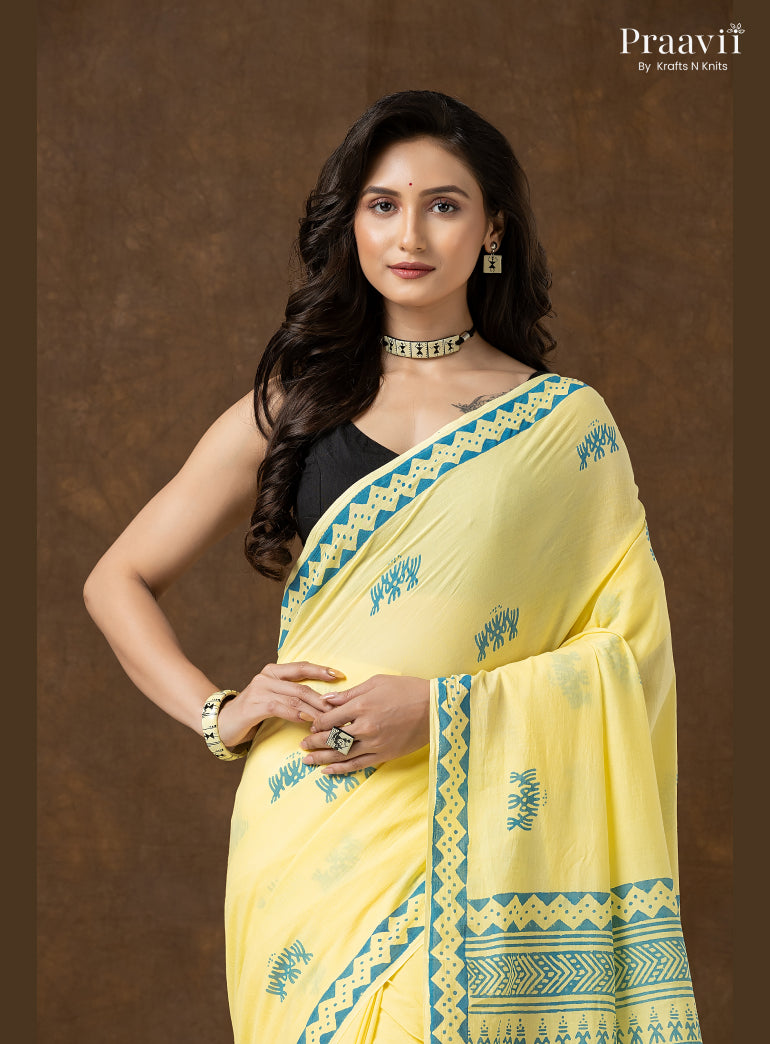 Lemon Yellow Pure Cotton Saree with Hand Block