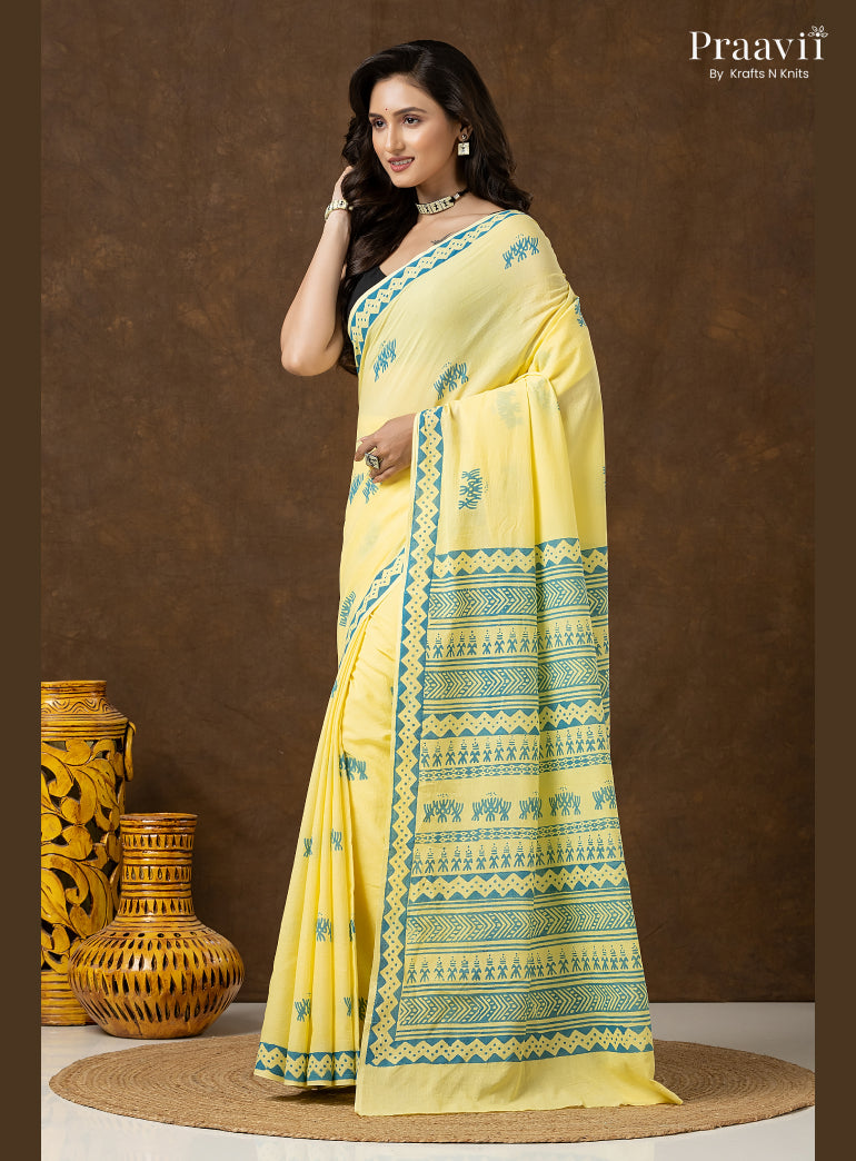 Lemon Yellow Pure Cotton Saree with Hand Block