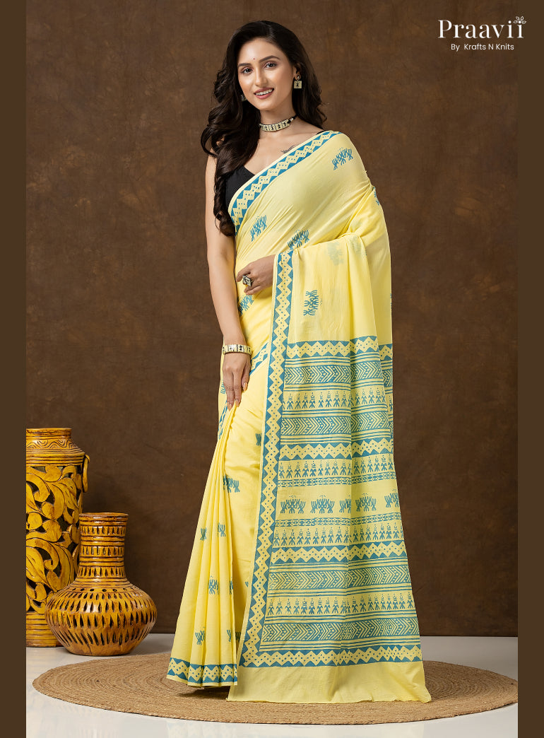 Lemon Yellow Pure Cotton Saree with Hand Block