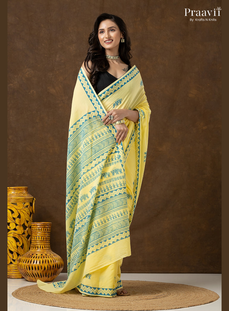 Lemon Yellow Pure Cotton Saree with Hand Block