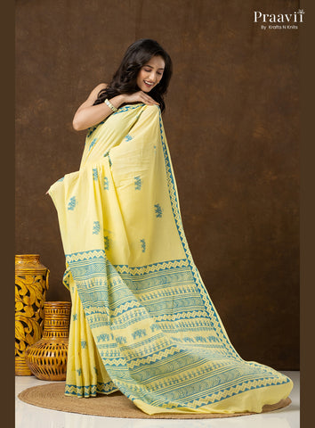 Lemon Yellow Pure Cotton Saree with Hand Block