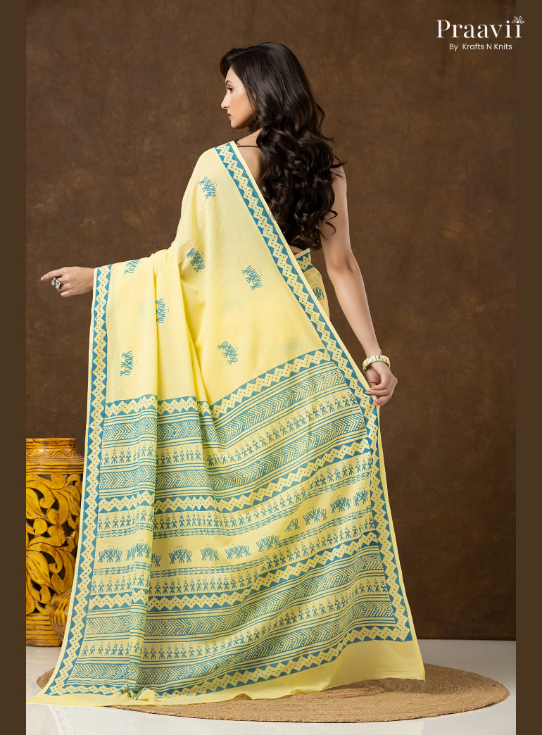 Lemon Yellow Pure Cotton Saree with Hand Block