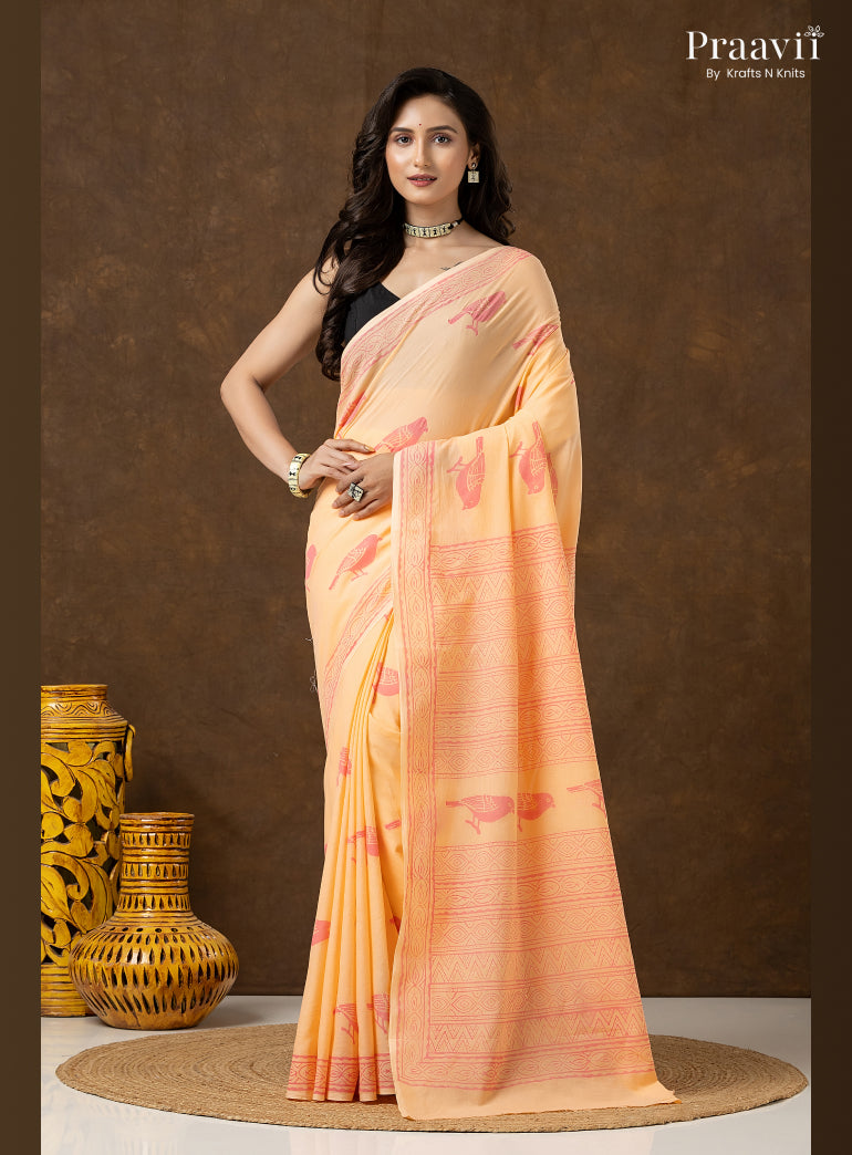 Peach Pure Cotton Saree with Hand Block Print