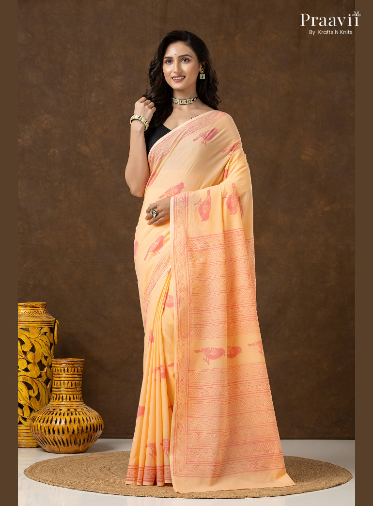 Peach Pure Cotton Saree with Hand Block Print