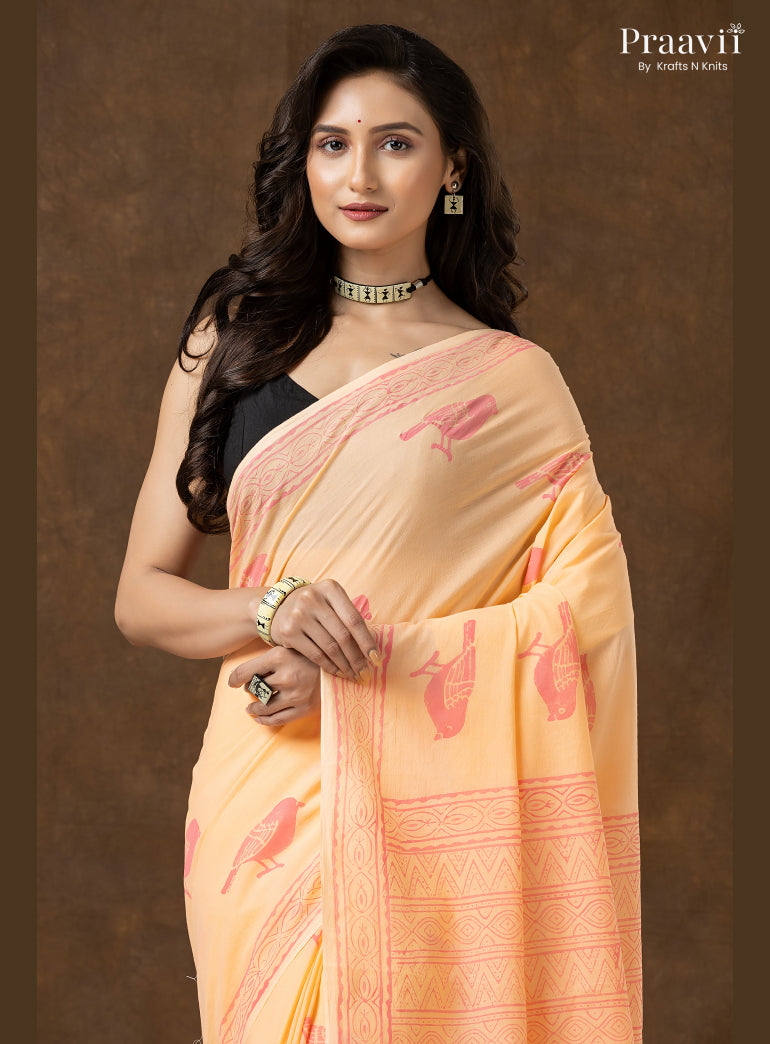 Peach Pure Cotton Saree with Hand Block Print