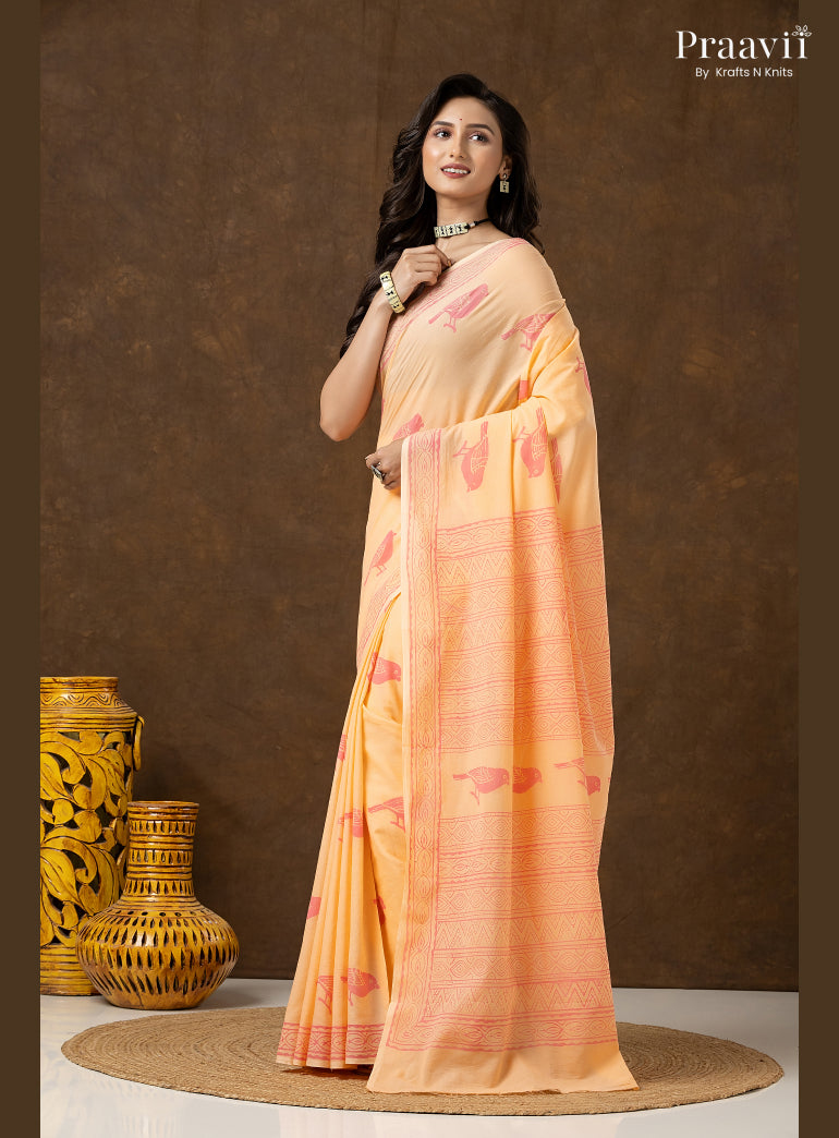 Peach Pure Cotton Saree with Hand Block Print