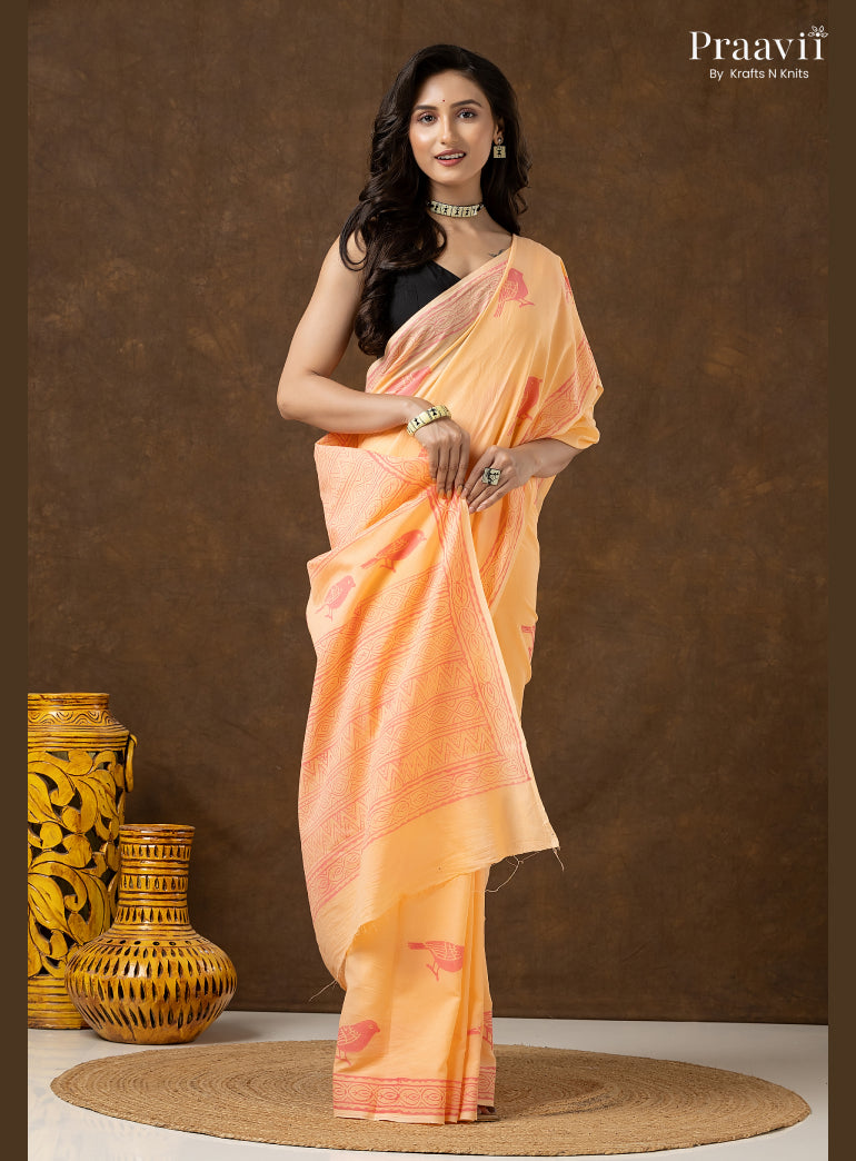 Peach Pure Cotton Saree with Hand Block Print