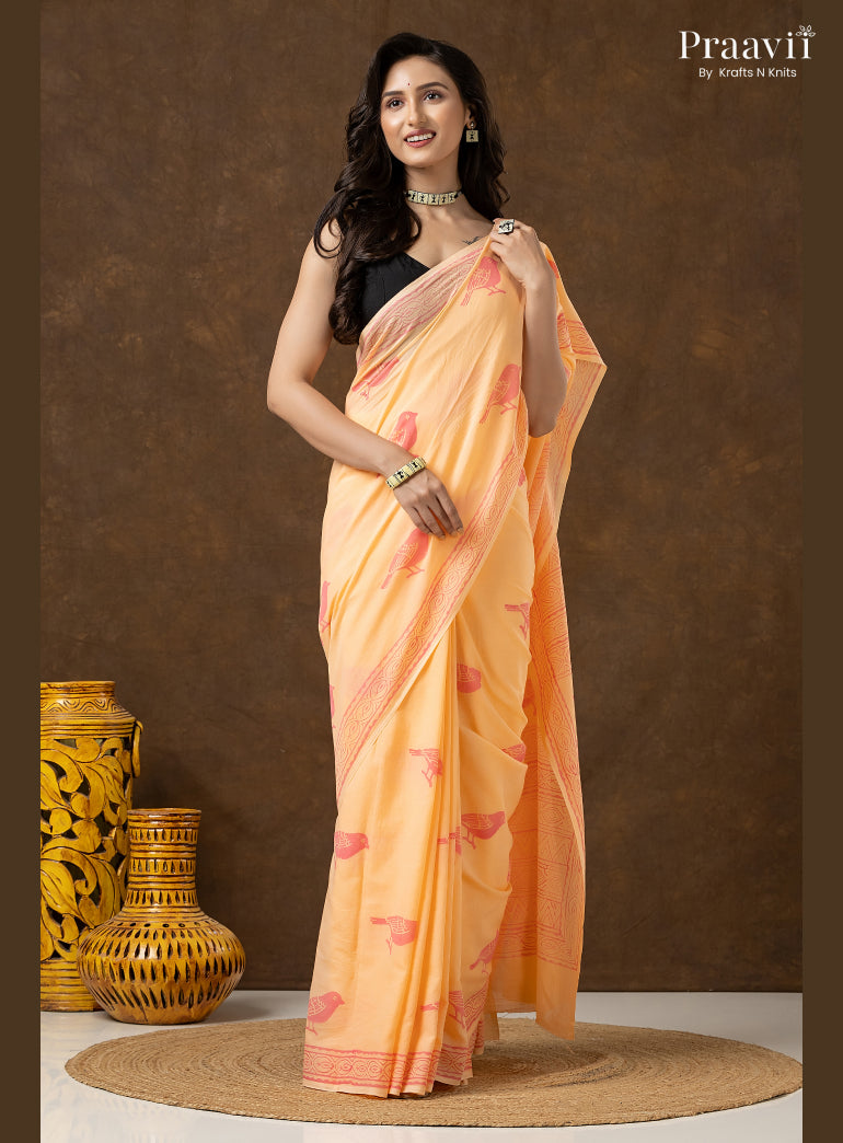 Peach Pure Cotton Saree with Hand Block Print