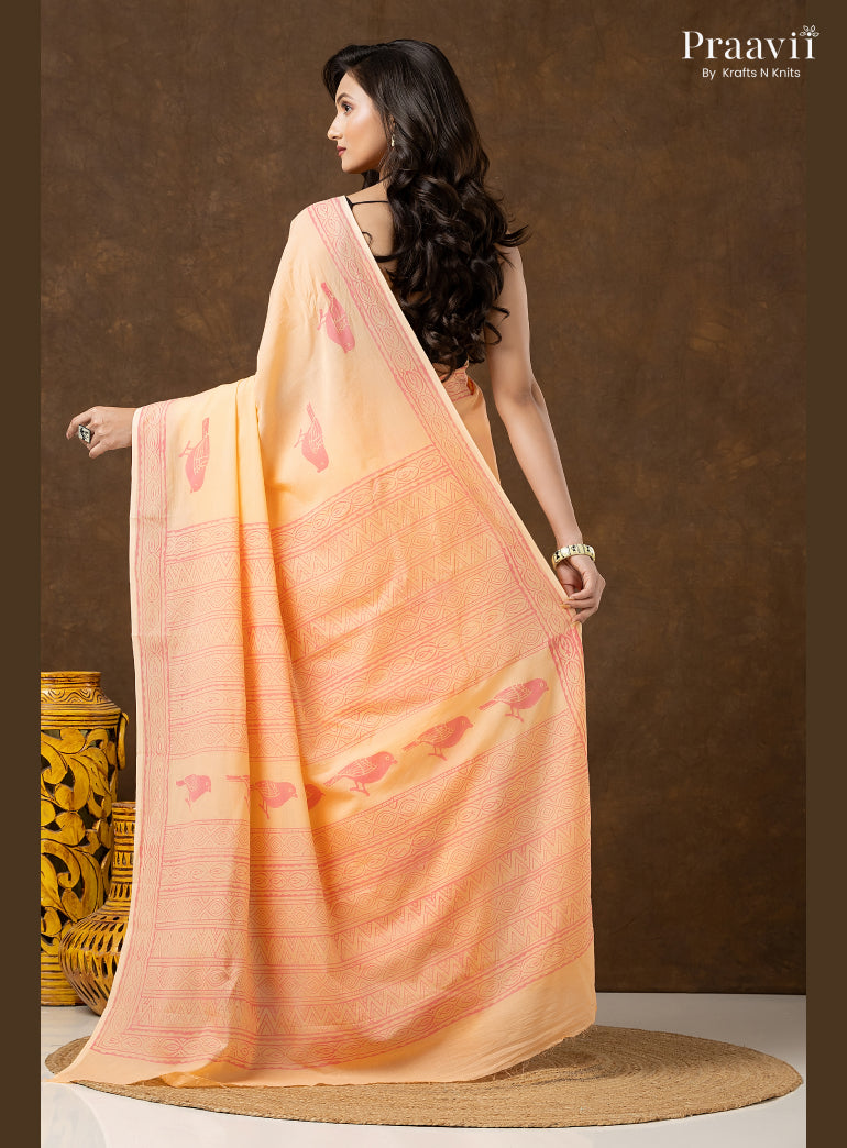 Peach Pure Cotton Saree with Hand Block Print