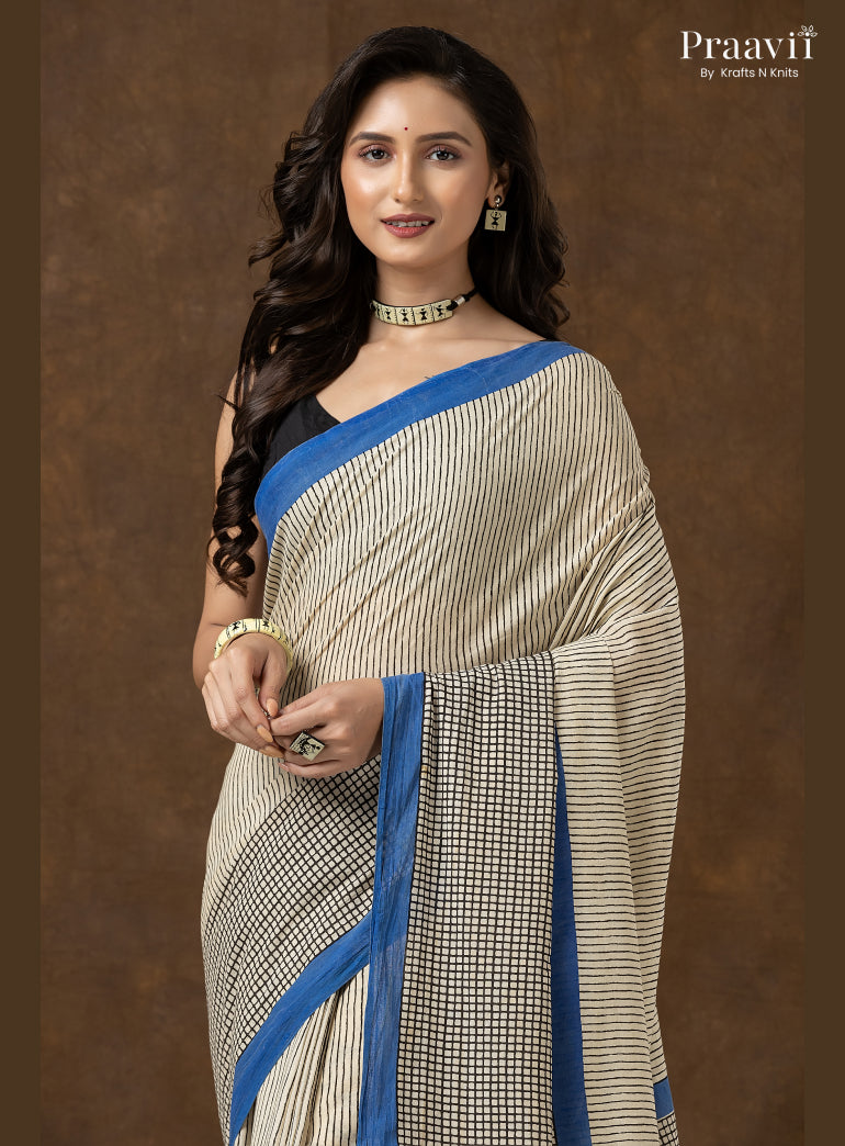 Stripes & Checks Bagru Print Mul Cotton Saree