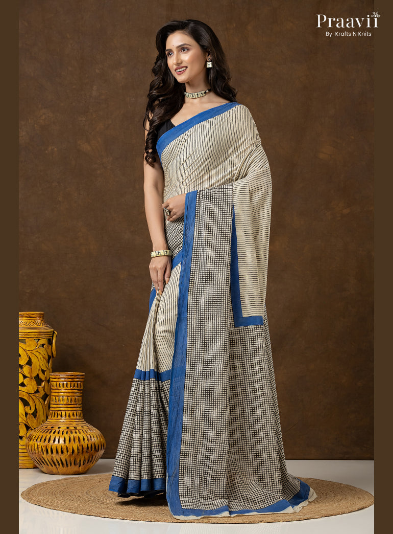 Stripes & Checks Bagru Print Mul Cotton Saree