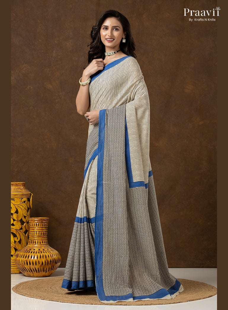 Stripes & Checks Bagru Print Mul Cotton Saree