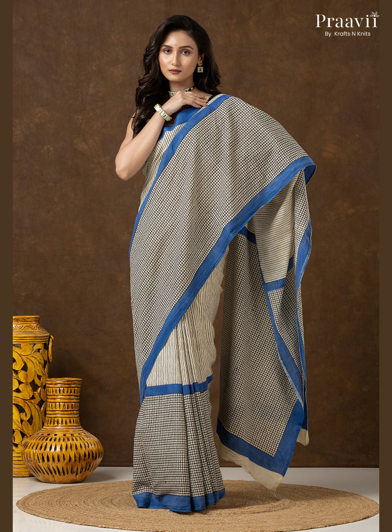 Stripes & Checks Bagru Print Mul Cotton Saree