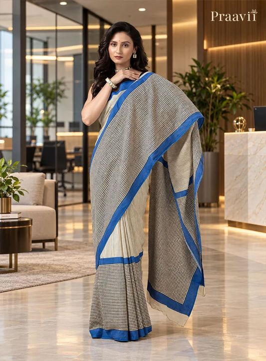 Stripes & Checks Bagru Print Mul Cotton Saree
