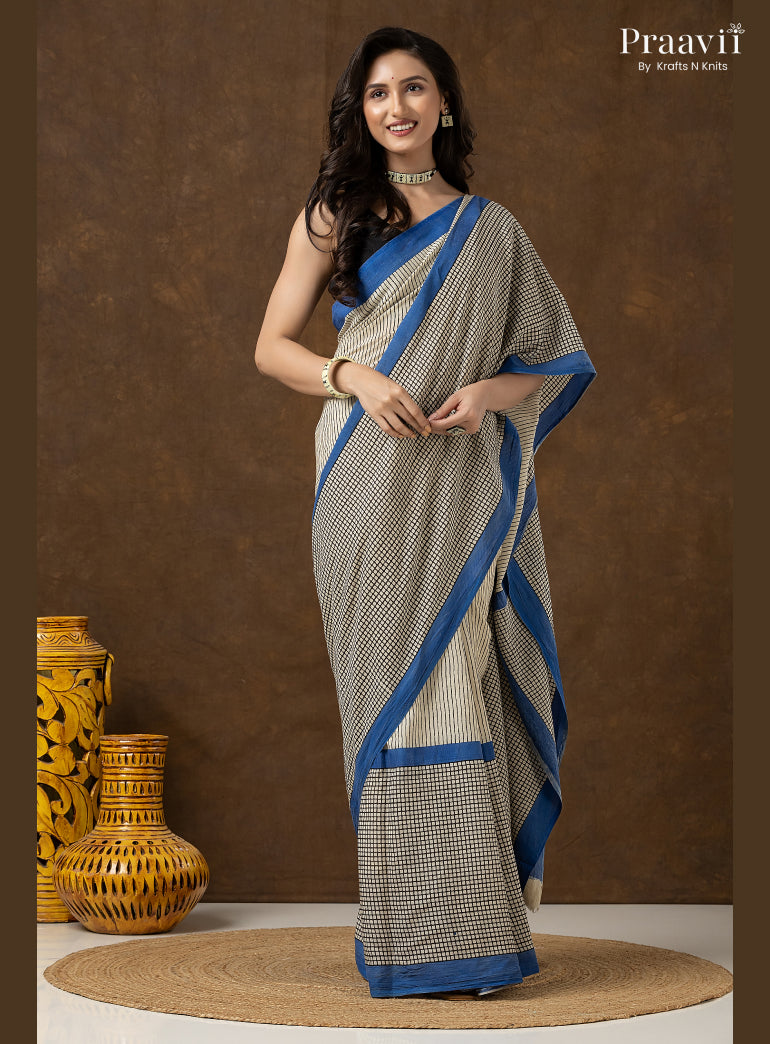 Stripes & Checks Bagru Print Mul Cotton Saree