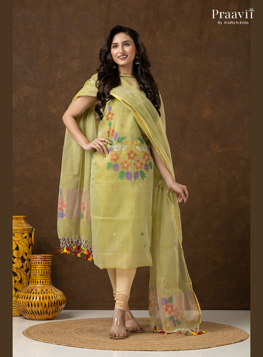 Sage Green Unstitched Muslin Jamdani 2-Piece Suit Set