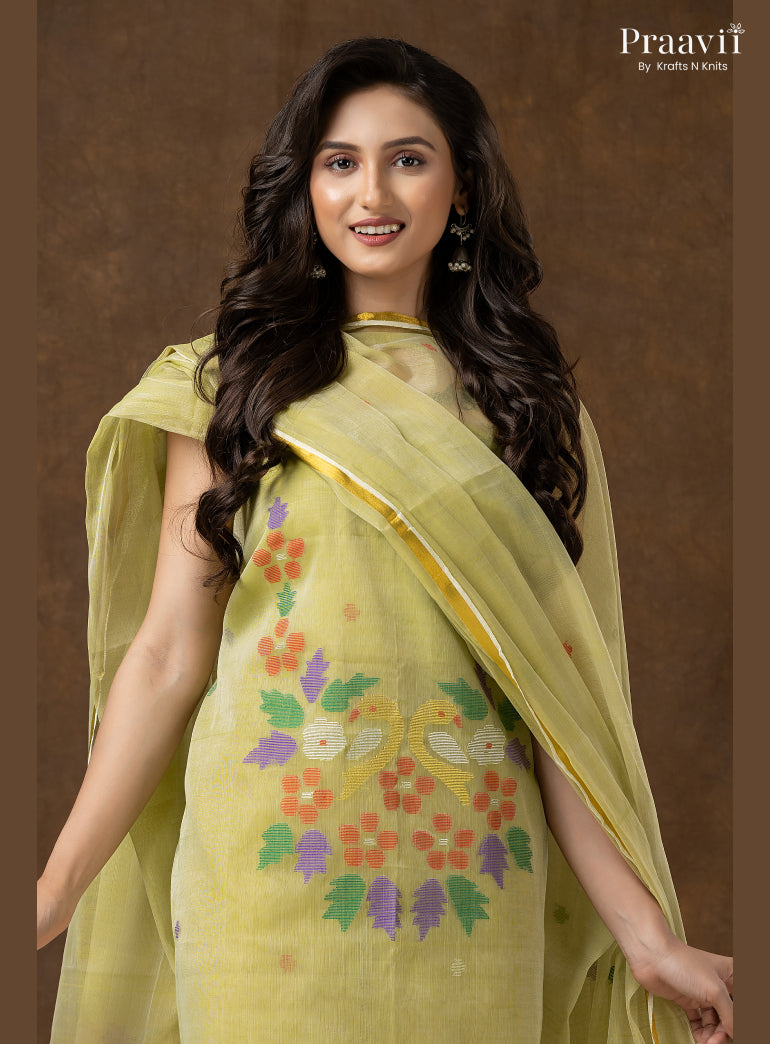 Sage Green Unstitched Muslin Jamdani 2-Piece Suit Set