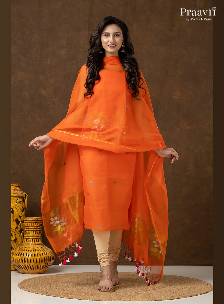 Orange Unstitched Muslin Jamdani 2-Piece Suit Set