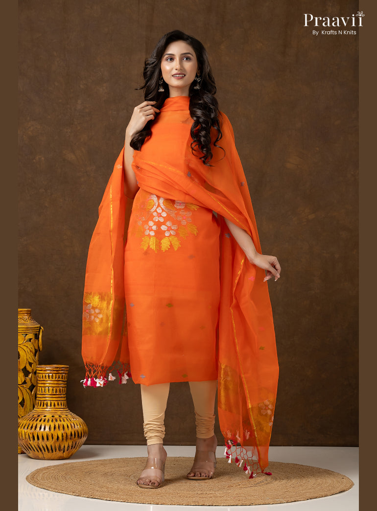 Orange Unstitched Muslin Jamdani 2-Piece Suit Set