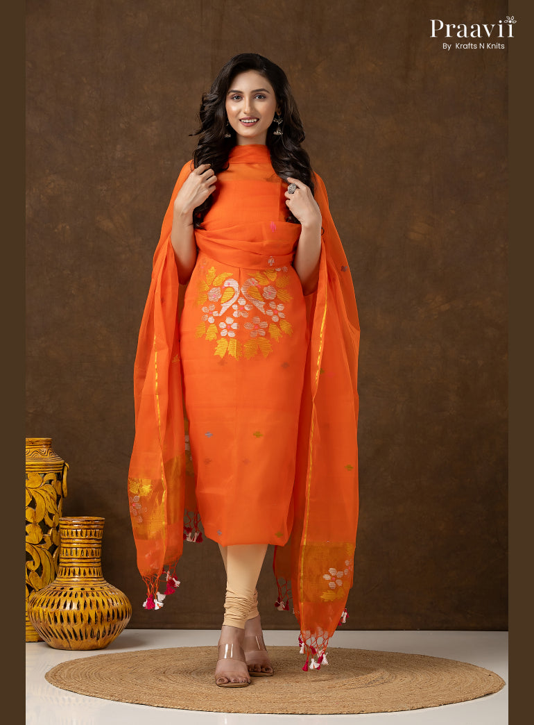 Orange Unstitched Muslin Jamdani 2-Piece Suit Set