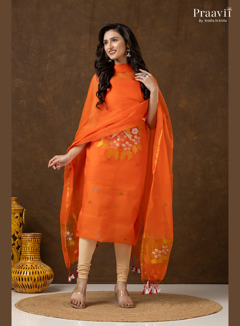 Orange Unstitched Muslin Jamdani 2-Piece Suit Set