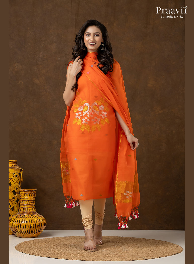 Orange Unstitched Muslin Jamdani 2-Piece Suit Set