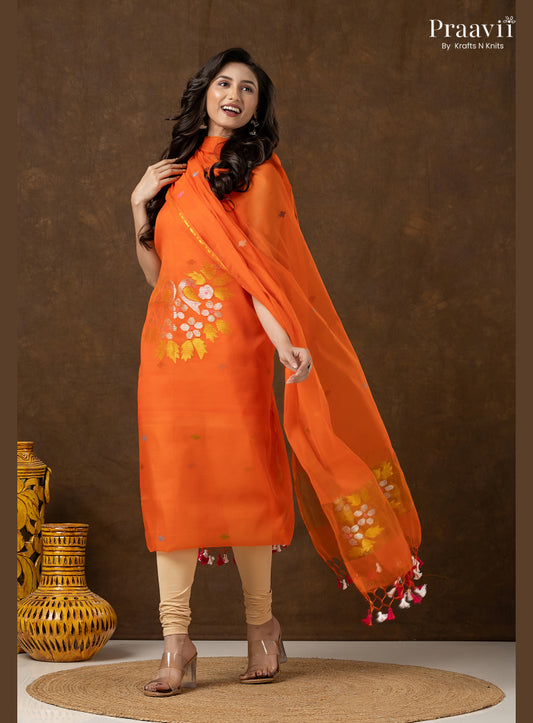 Orange Unstitched Muslin Jamdani 2-Piece Suit Set