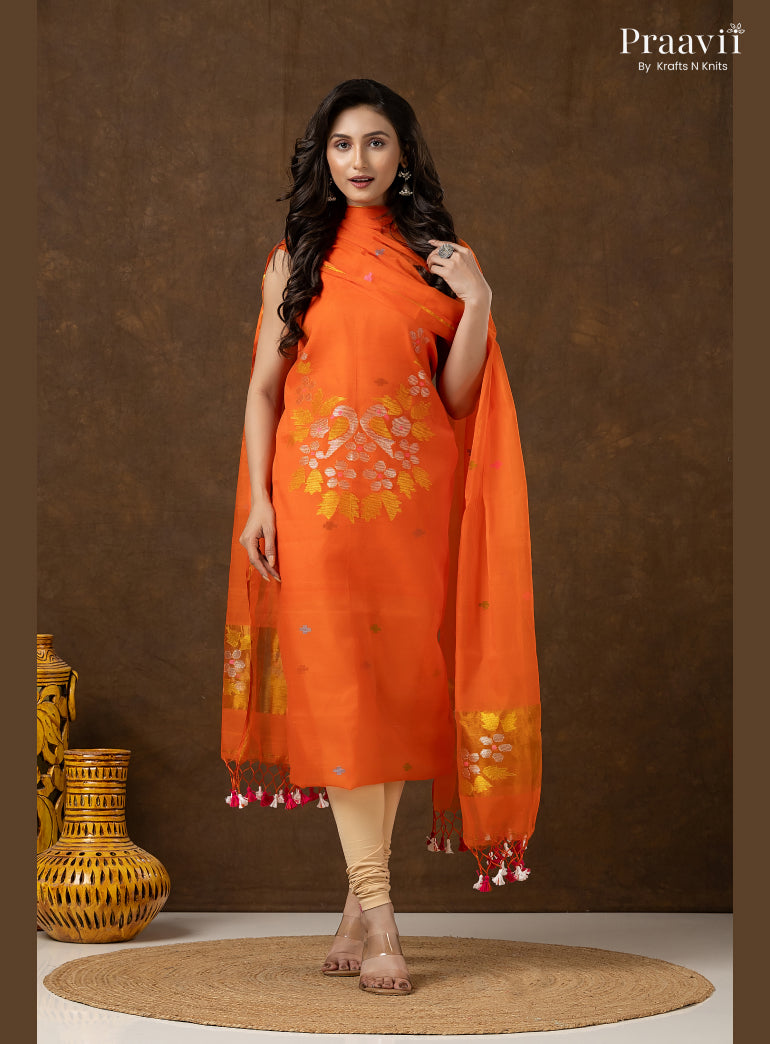 Orange Unstitched Muslin Jamdani 2-Piece Suit Set