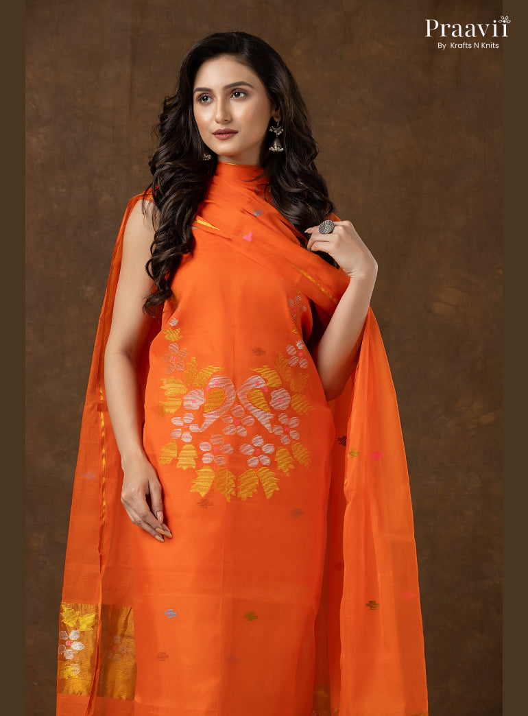 Orange Unstitched Muslin Jamdani 2-Piece Suit Set