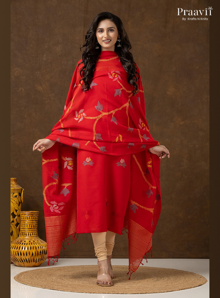 Red Cotton Unstitched Jamdani 2-Piece Suit Set